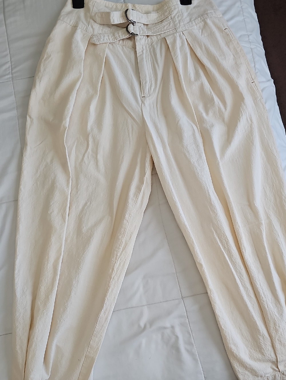 Free People Cream High-Waist Pleated Chinos with Double Buckle